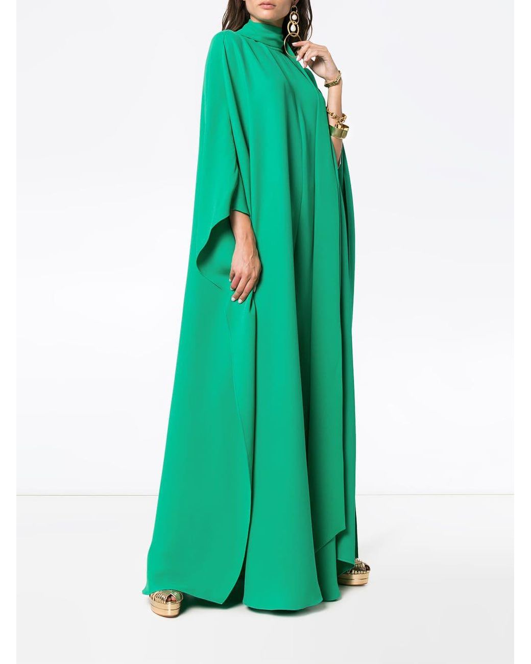 Valentino Long High Neck Silk Cape Dress in Green | Lyst