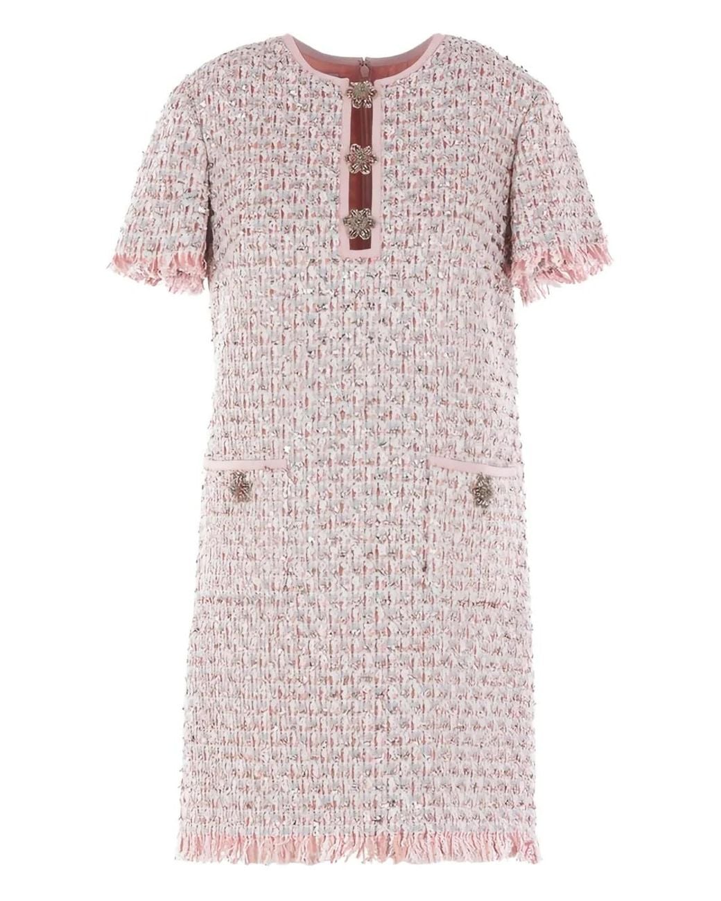 Valentino Garavani Pink Embellished-Button Tweed Mini Dress