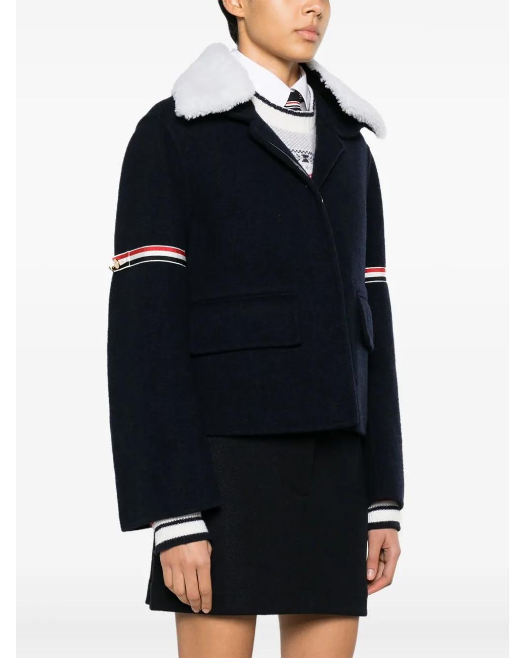 Thom Browne Black Wool Cashmere Armband Bell Sleeve Jacket With Shearling Collar