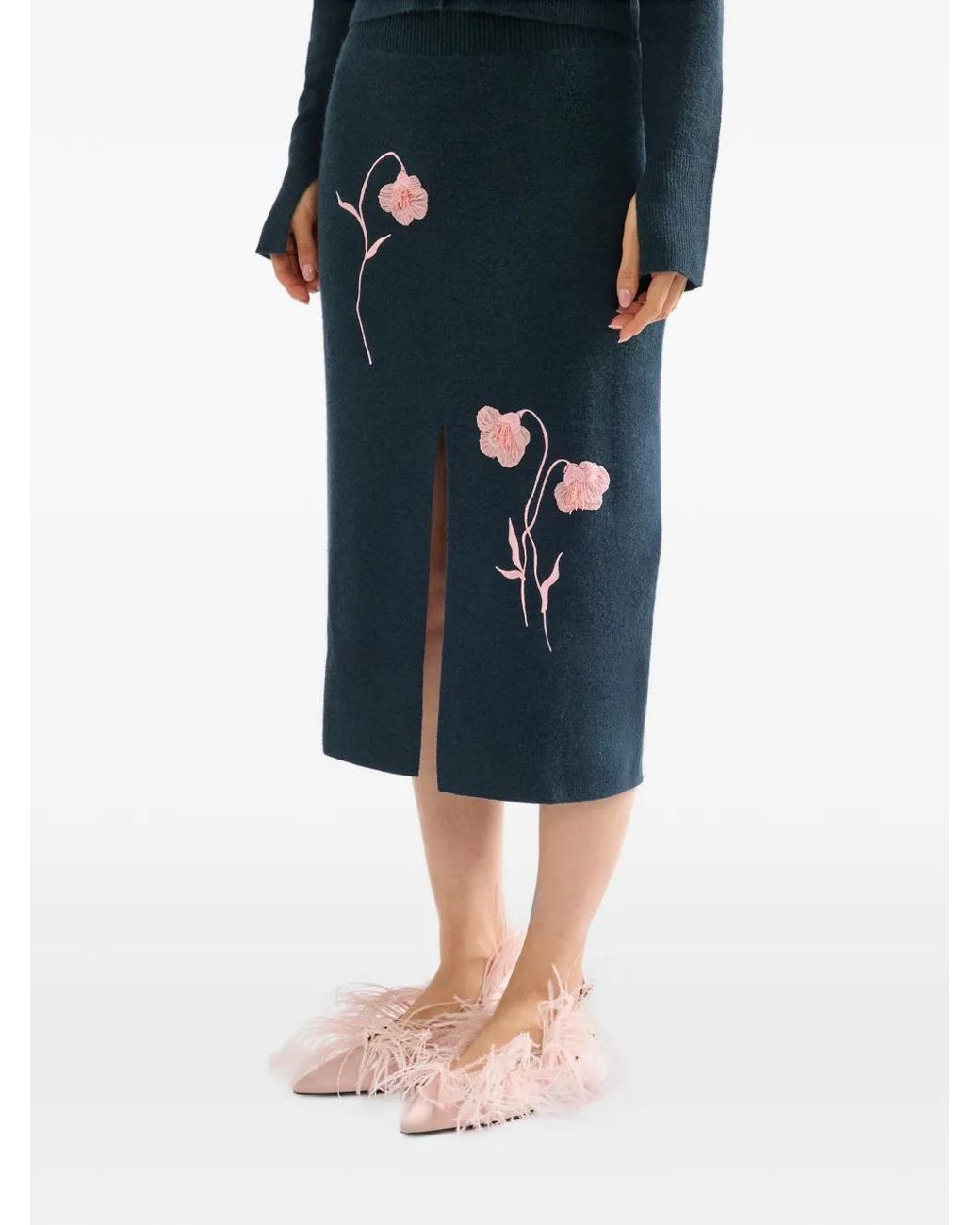 Erdem Blue Embroidered Midi Pencil Knit Skirt