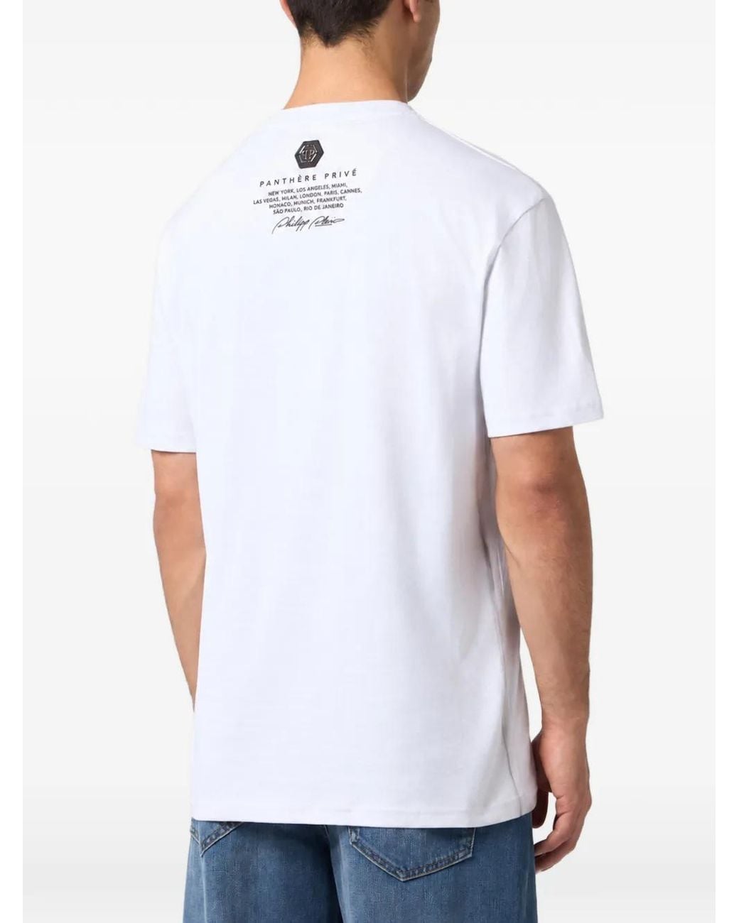 Philipp Plein White Round-Neck T-Shirt Panther Skull Stones for men