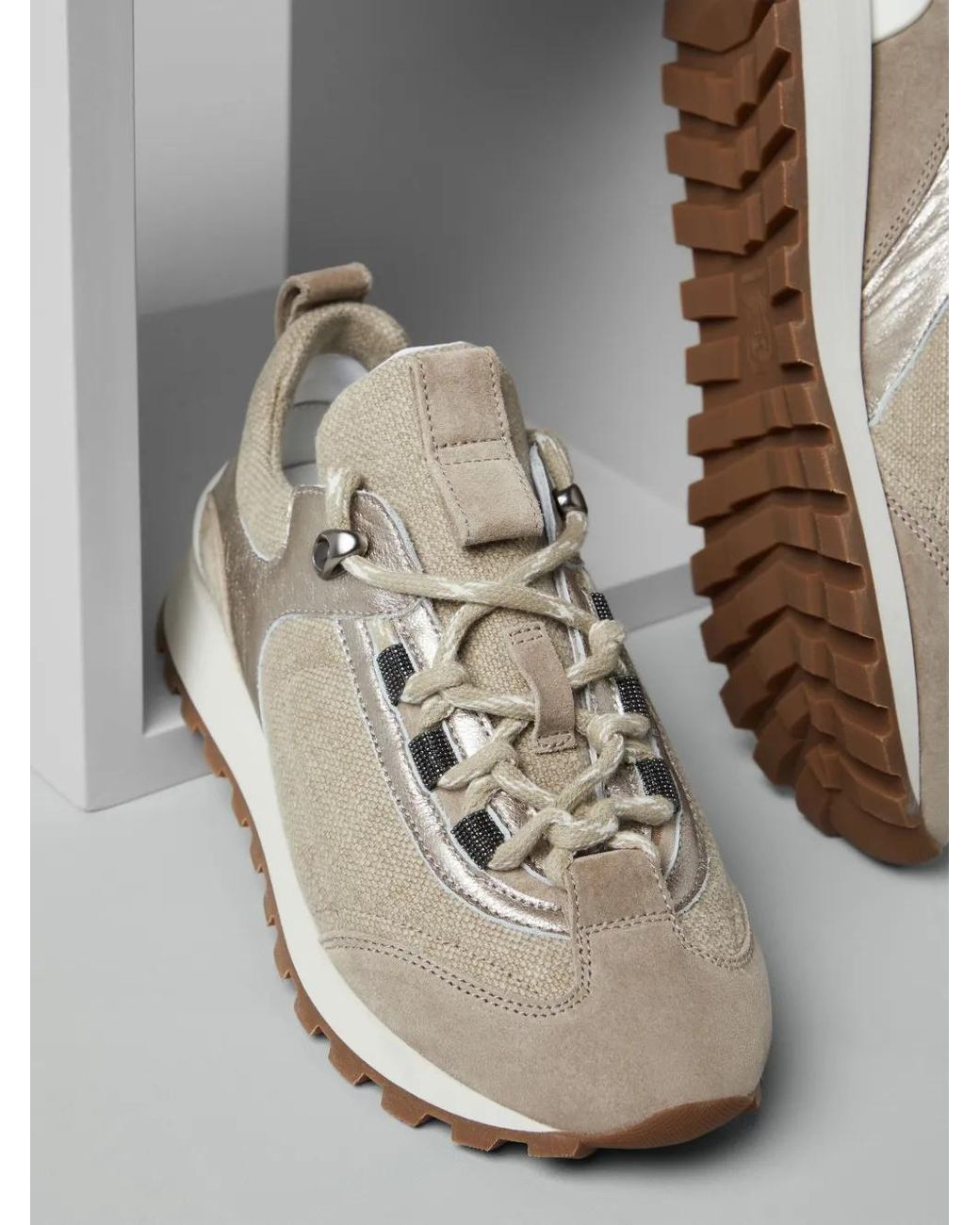 Brunello Cucinelli Gray Panelled Lace-Up Sneakers