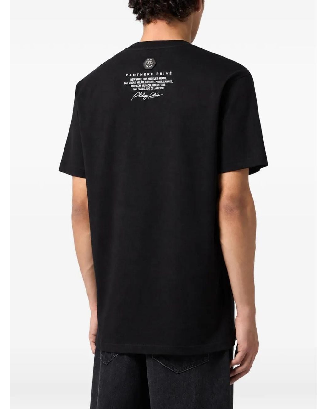 Philipp Plein Black Round-Neck T-Shirt Panther-Skull Strass for men