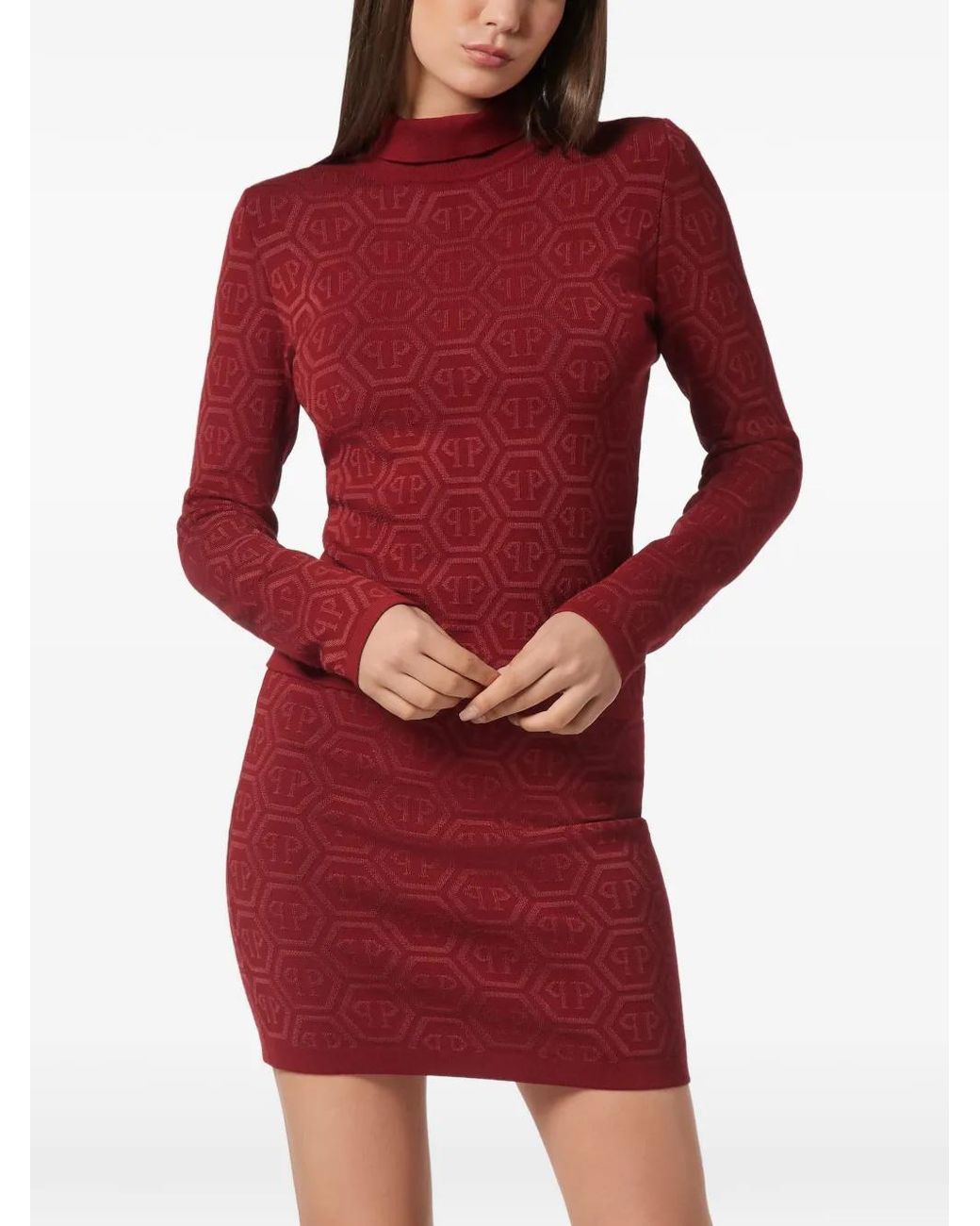 Philipp Plein Red Logo-Pattern Turtleneck Sweater