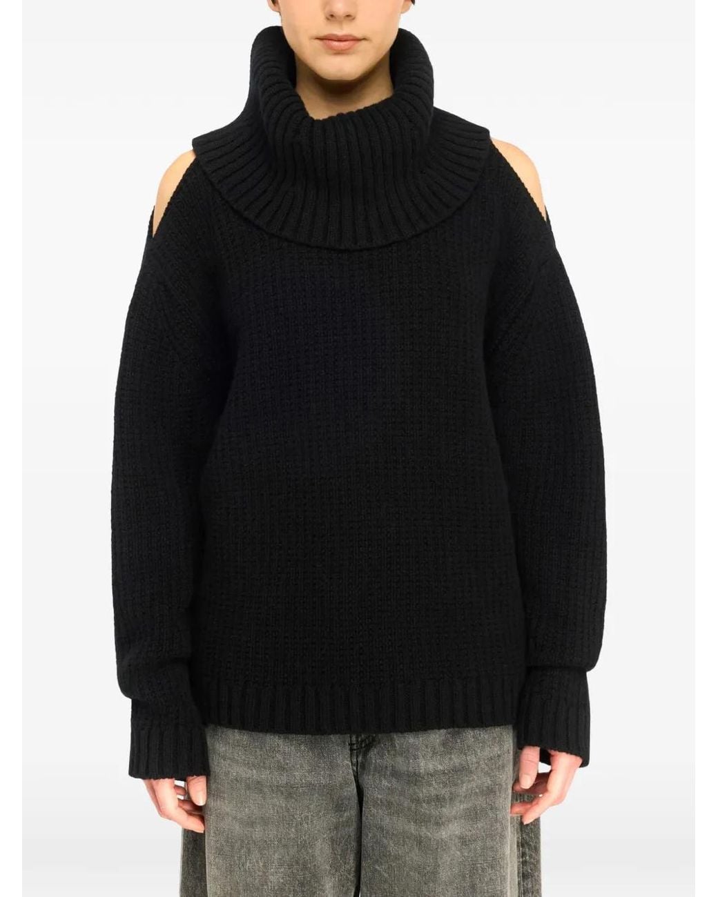 Semicouture Black Totty Cold-Shoulder Roll-Neck Sweater