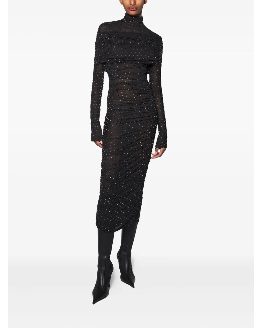Mugler Black Embellished High-Neck Midi Dress