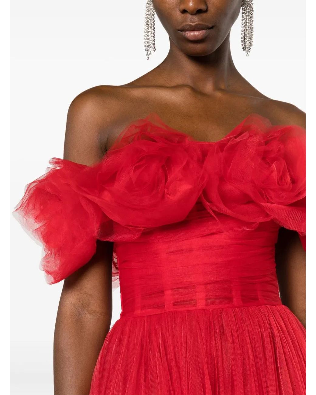 Ana Radu Red Floral-Appliqué Tulle Midi Dress