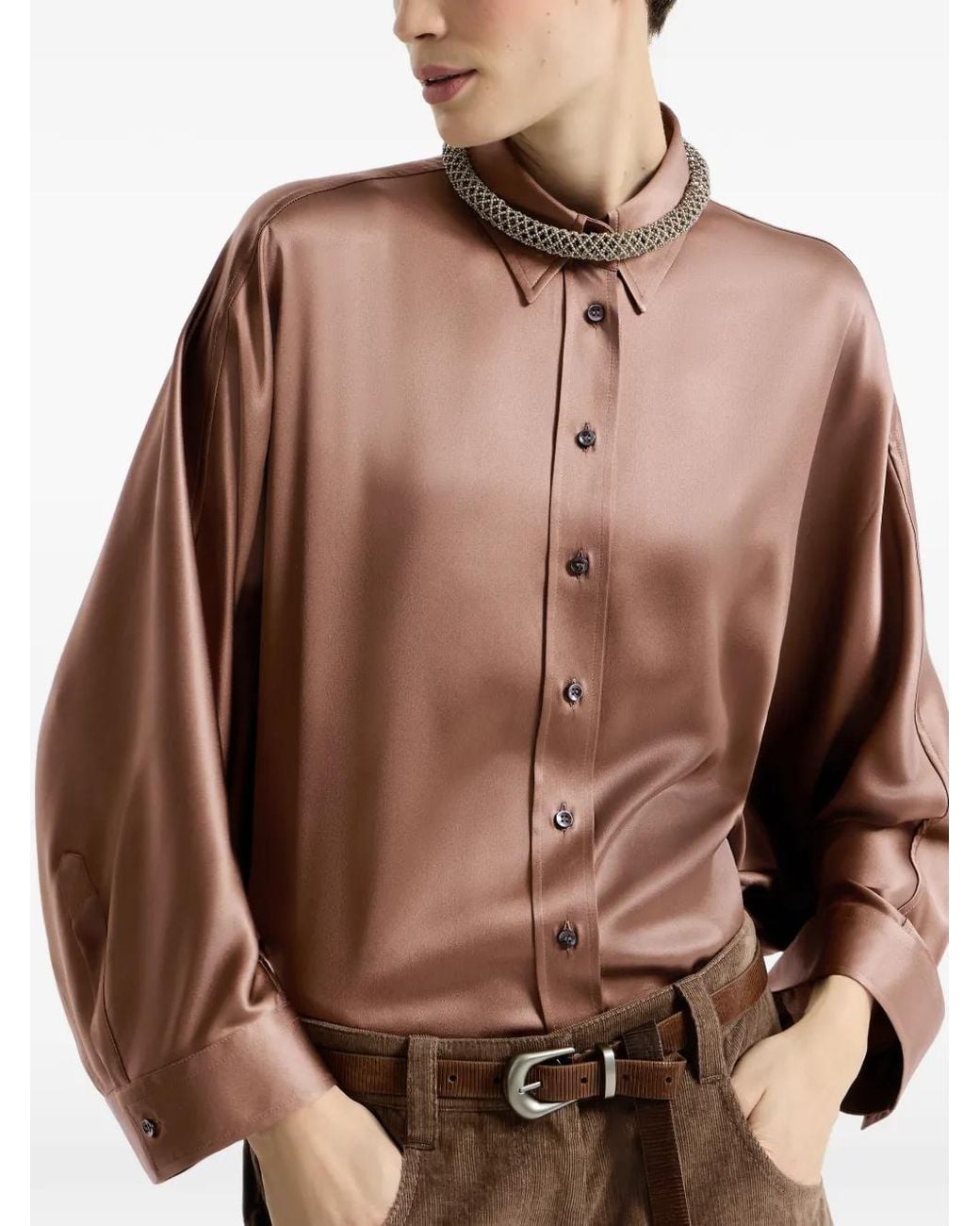 Brunello Cucinelli Brown Stretch Silk Satin Shirt