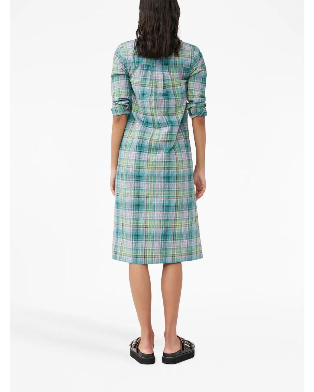 Ganni Blue Check-Pattern Seersucker Shirt Dress