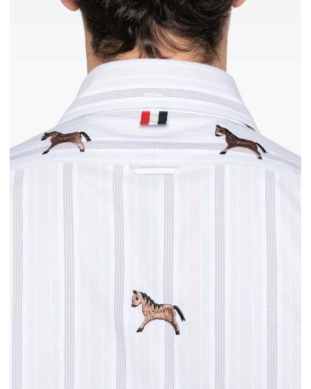 Thom Browne White Horse-Embroidery Striped Satin Shirt for men