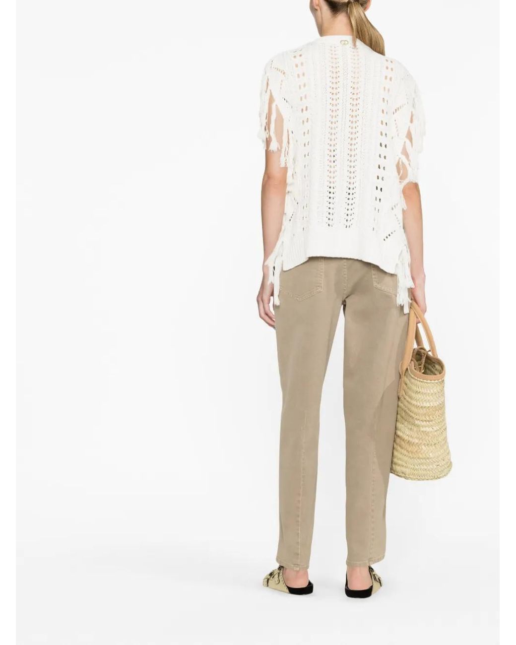 Twinset White Fringed Open-Knit Top