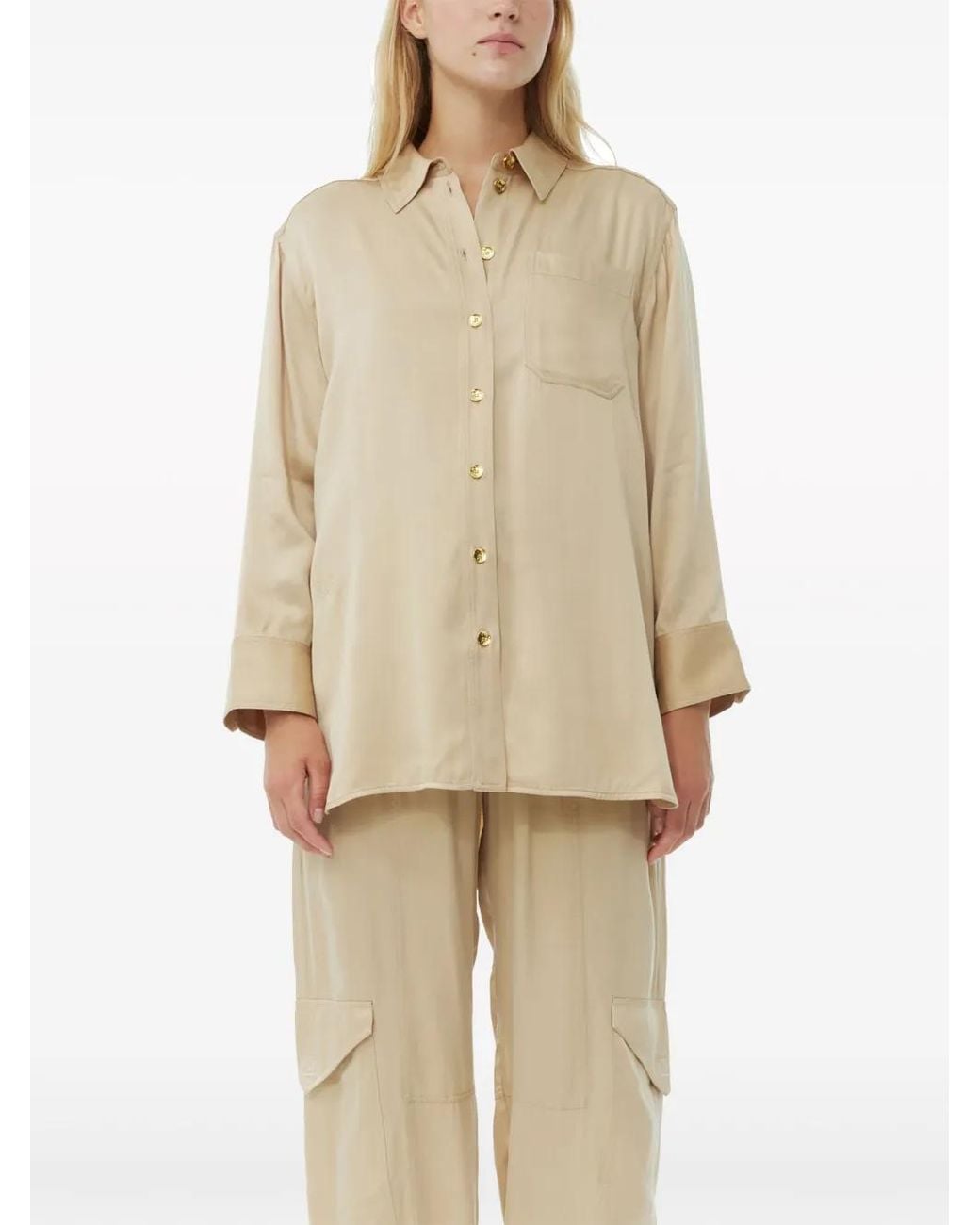 Ganni Natural Long-Sleeve Satin Shirt