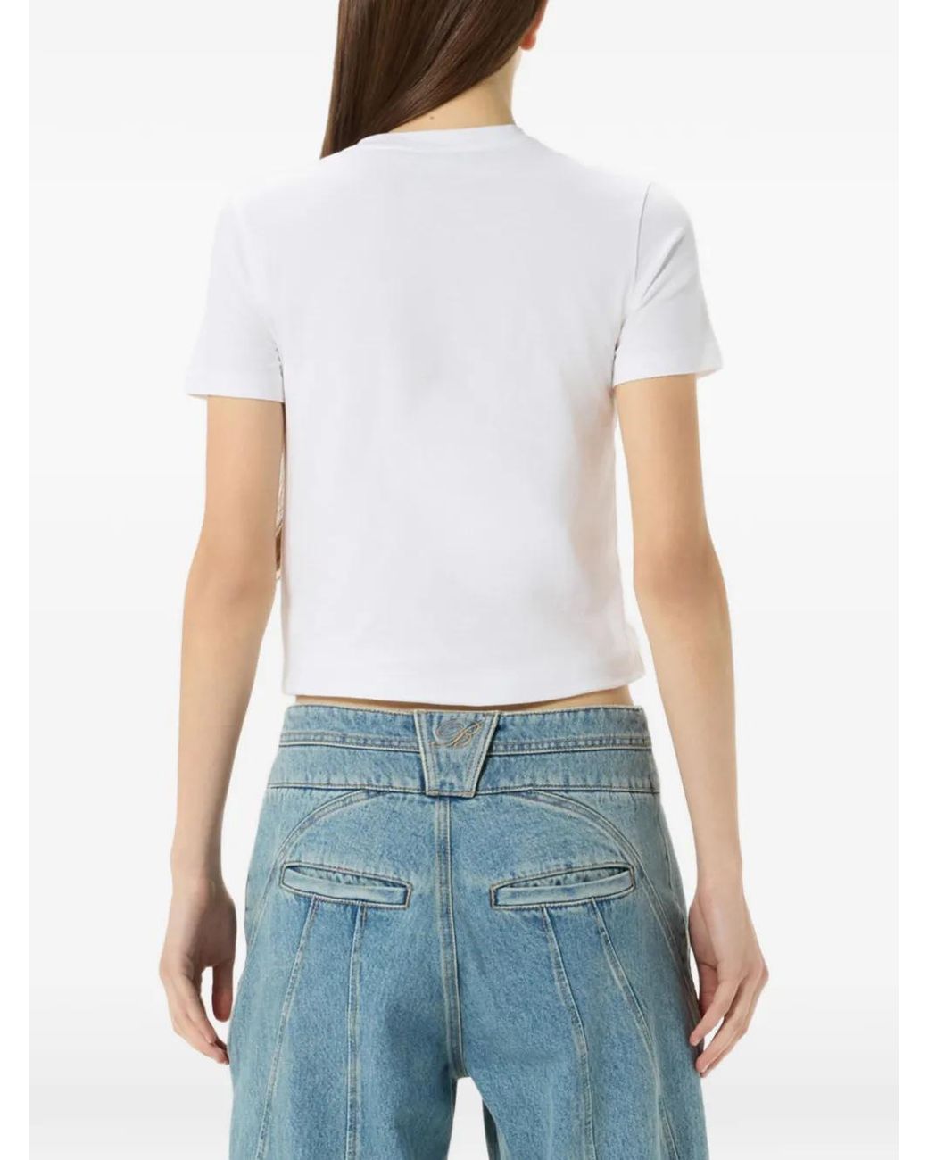 Blumarine White Rhinestone-Embellished Cut-Out T-Shirt