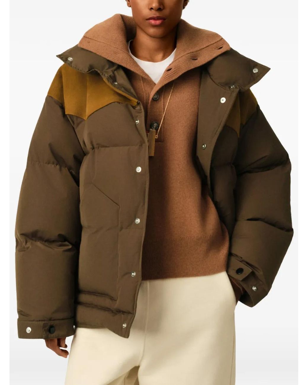 AMI Brown Nylon And Cotton Down Jacket With Leather Panels