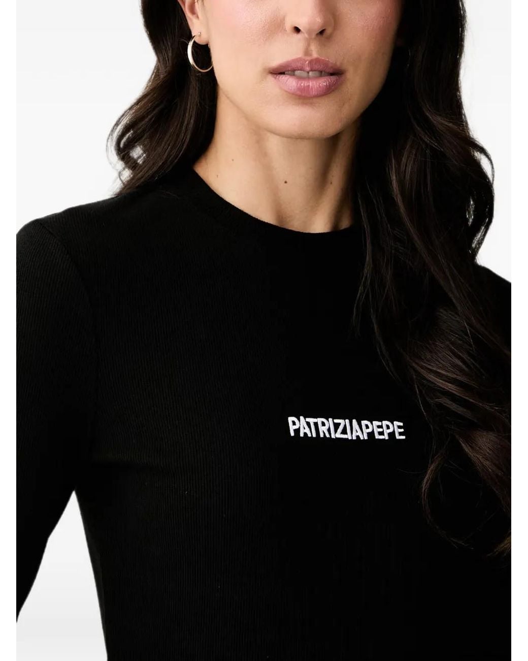 Patrizia Pepe Black Logo-Embroidered Ribbed Long-Sleeve T-Shirt