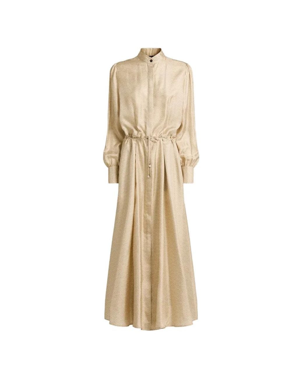Kiton Natural Chevron-Jacquard Silk Shirt Midi Dress