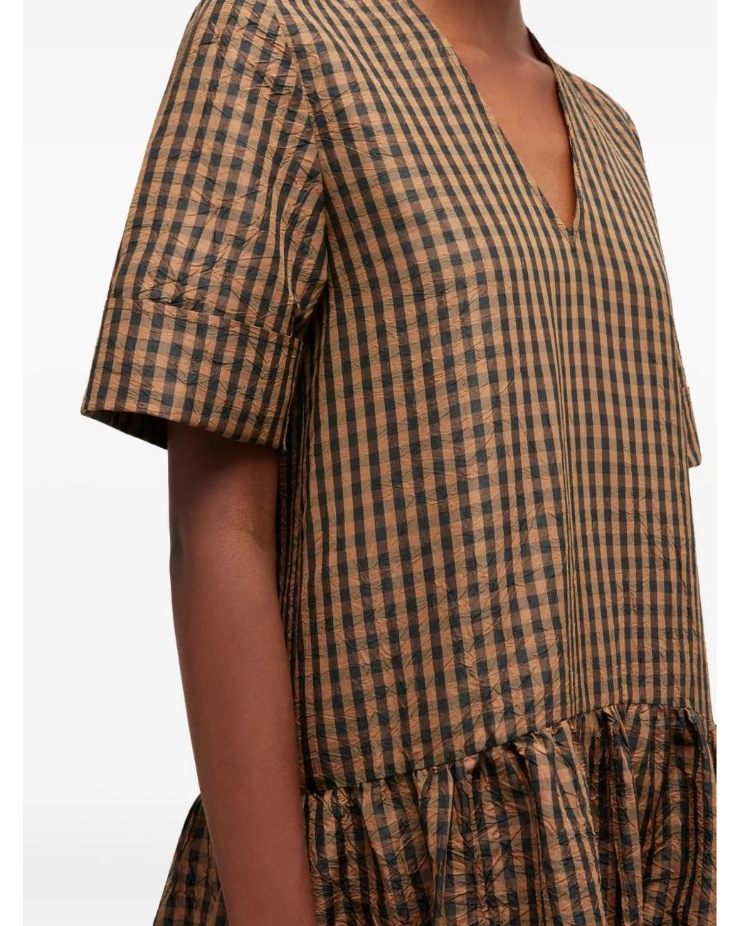 Ganni Brown Crinkled Check Long Dress