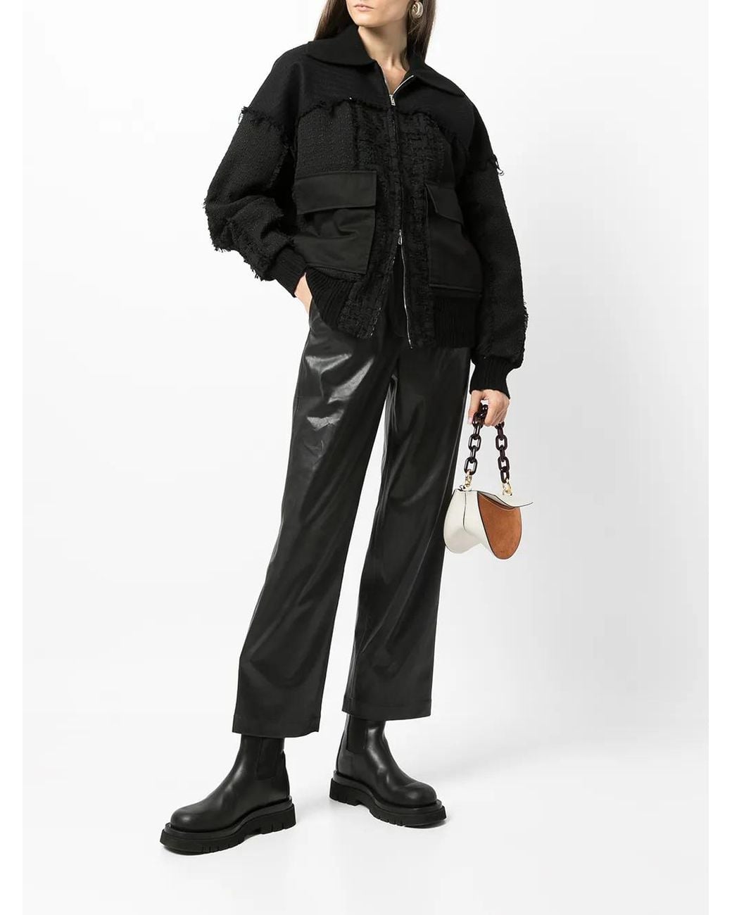 Goen.J Black Frayed Tweed Patchwork Bomber Jacket