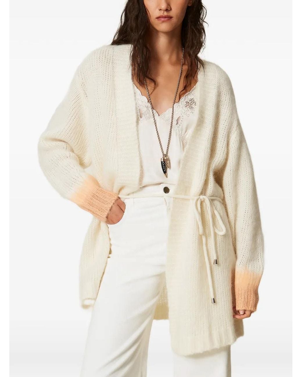 Twinset White Myfo Two-Tone Wool Blend Cardigan