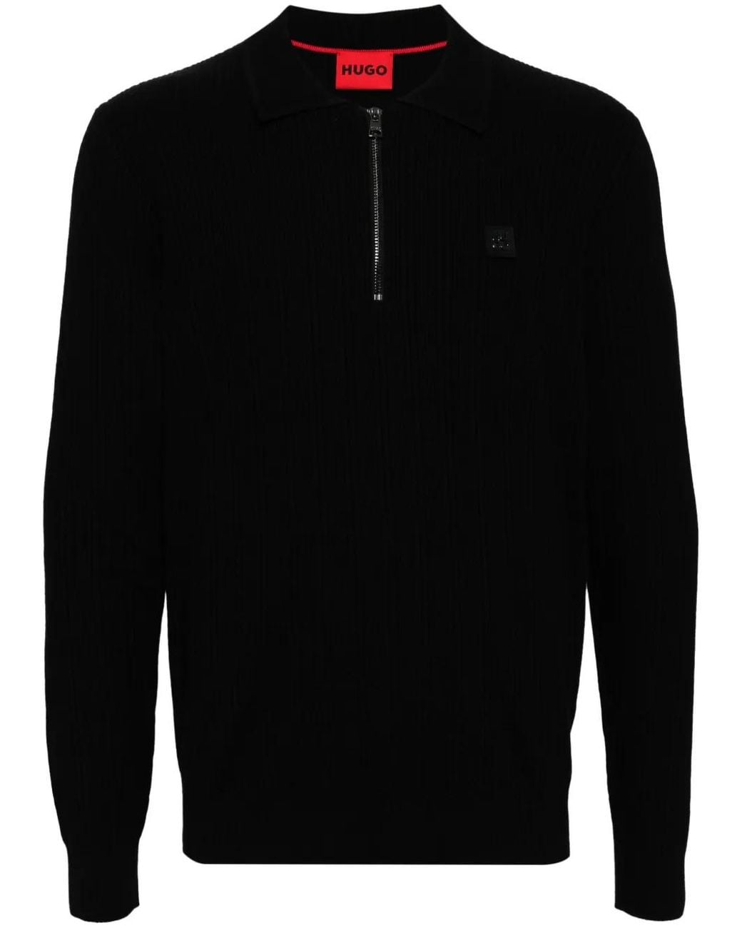 HUGO Black Knitted Zip-Up Cutaway Collar Sweater for men