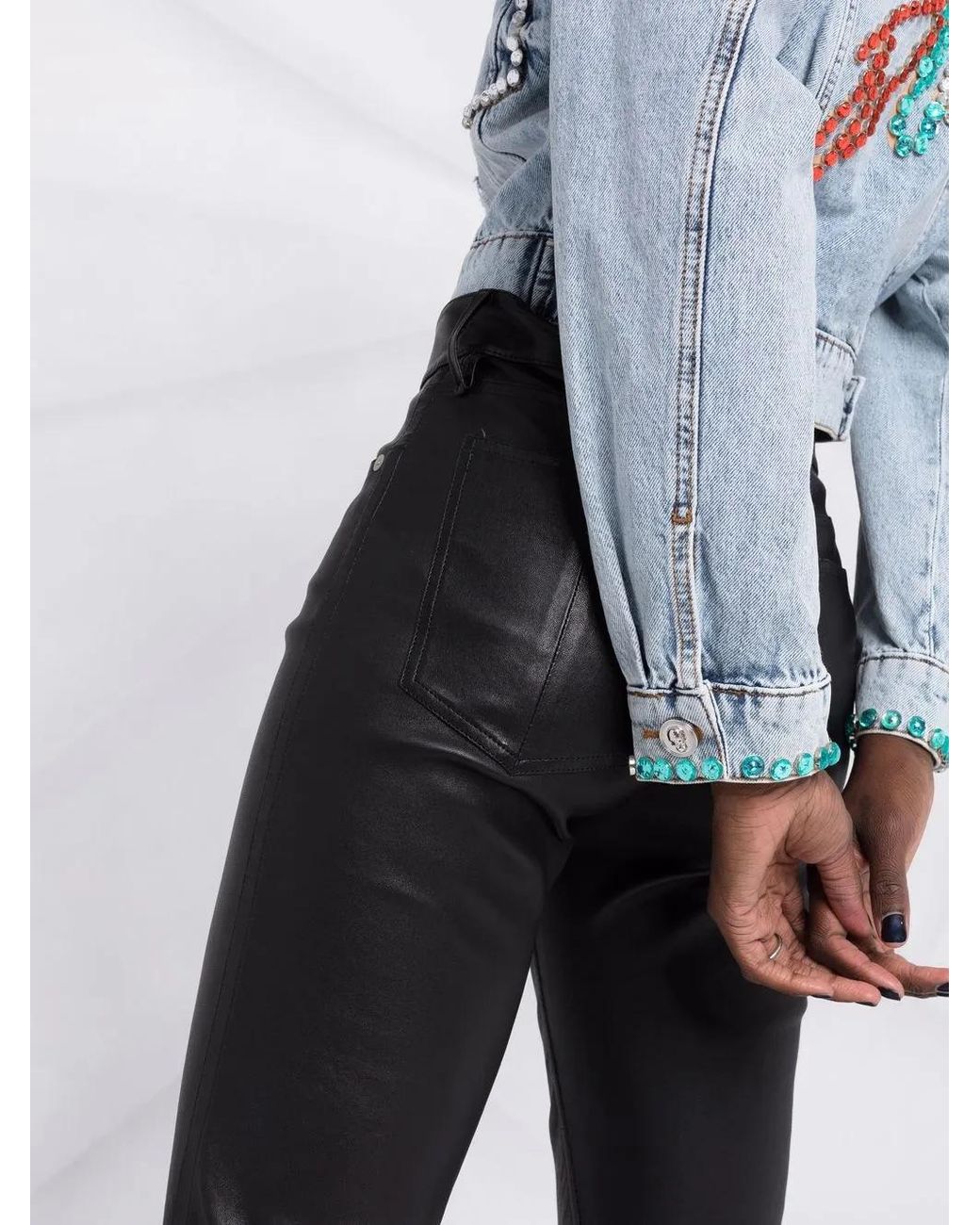 Philipp Plein Blue Crystal-Embellished Distressed Denim Jacket