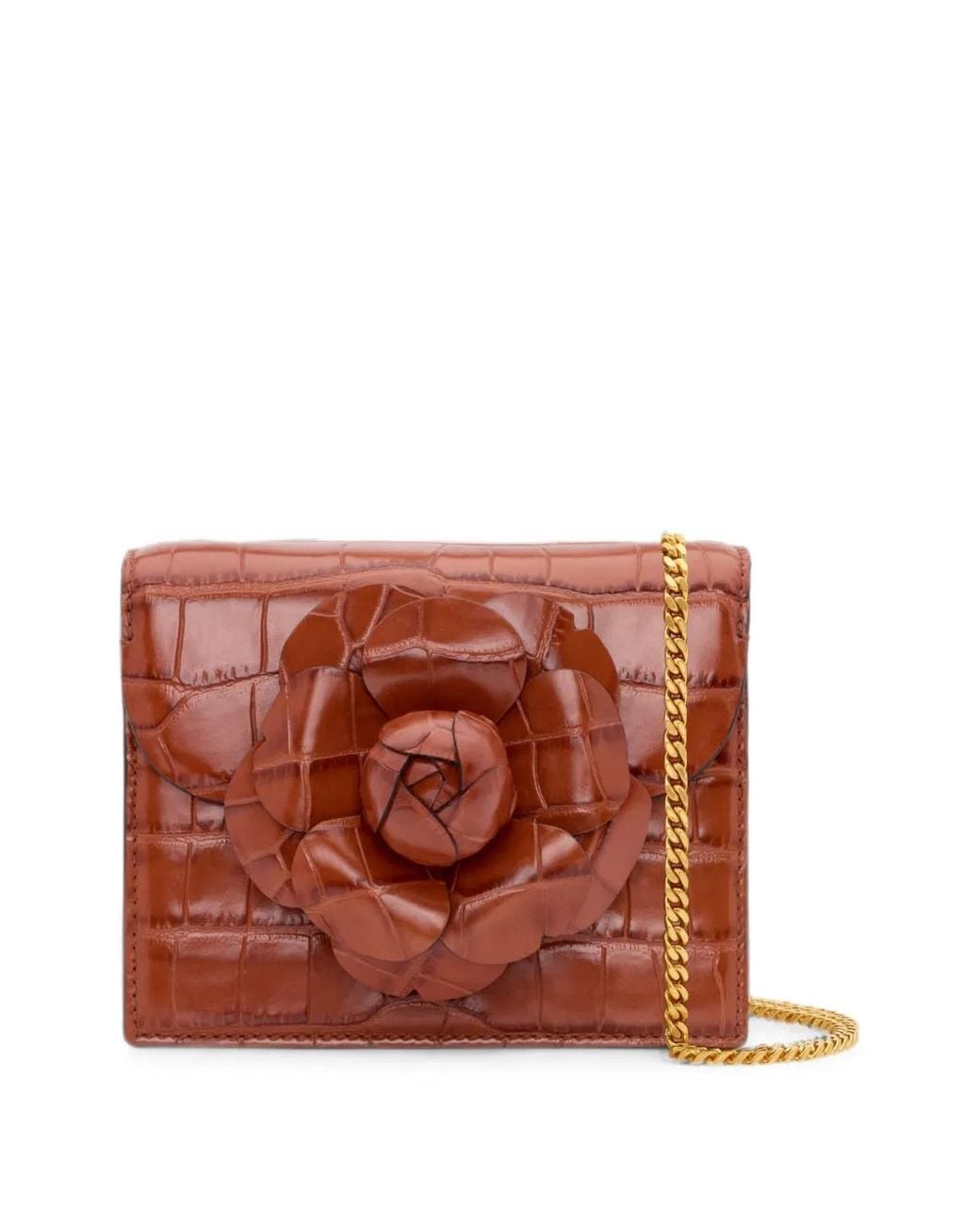 Oscar de la Renta Brown Mini Tro Crocodile-Effect Floral-Appliqué Cutch Bag