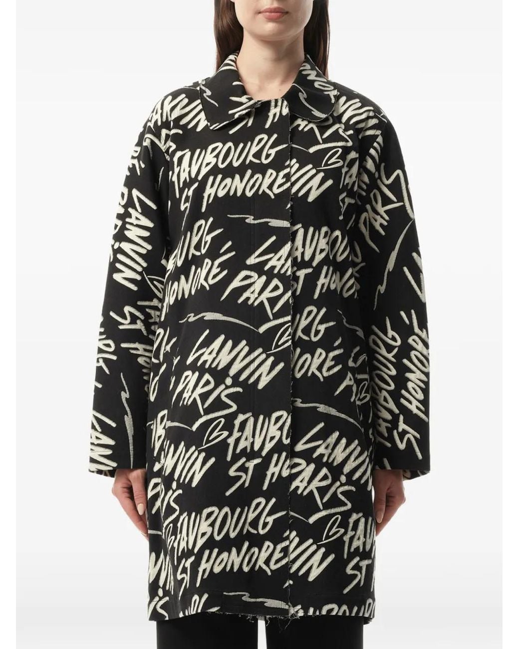 Lanvin Black Graphic-Print Lapel-Collar Coat