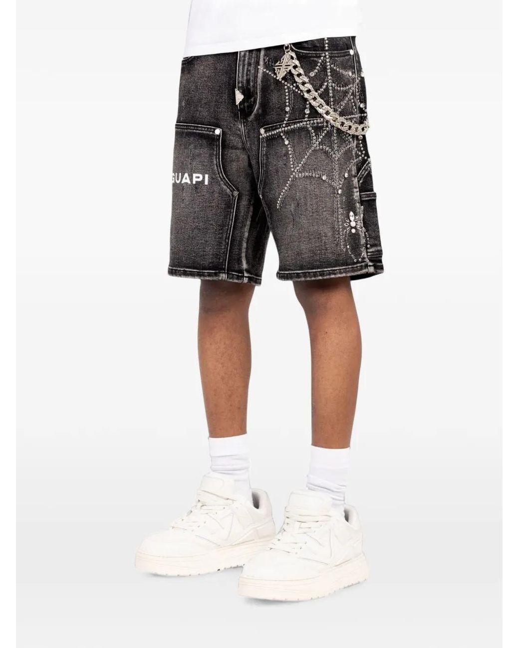 GUAPI Gray Spiderweb-Motif Rhinestone-Embellished Shorts for men
