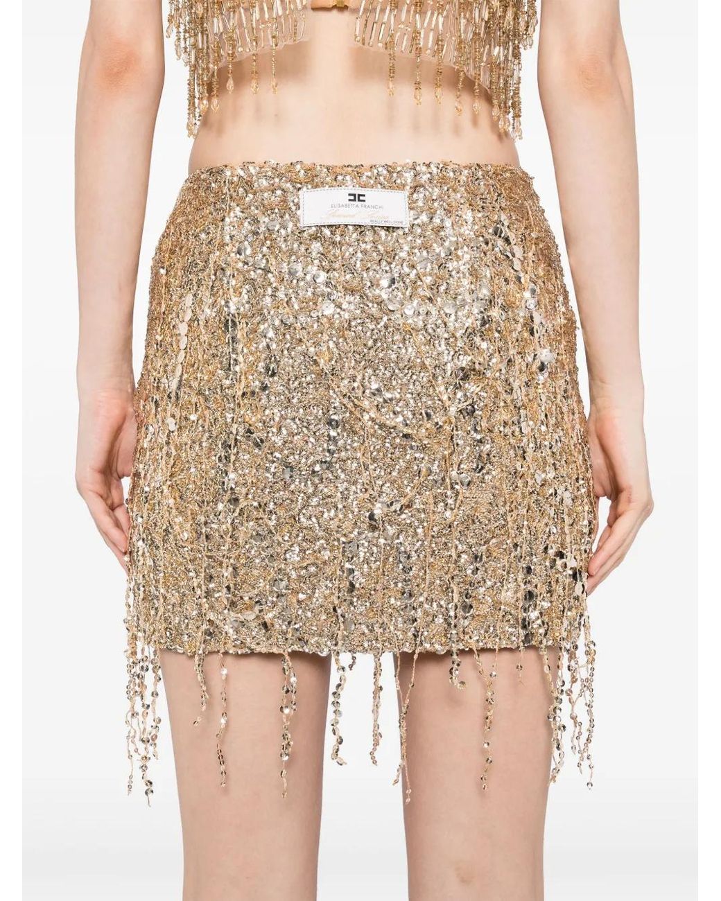 Elisabetta Franchi Natural Sequinned-Fringe Tulle Mini Skirt
