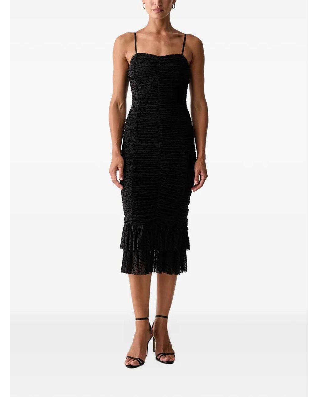 Silvian Heach Black Ruched Ruffled Midi Dress