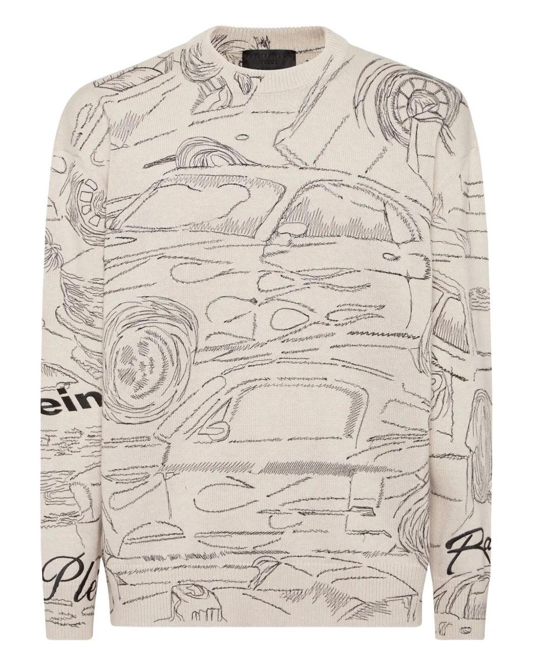Philipp Plein Natural Knitted Pullover Round Neck Ls Cars Racing for men
