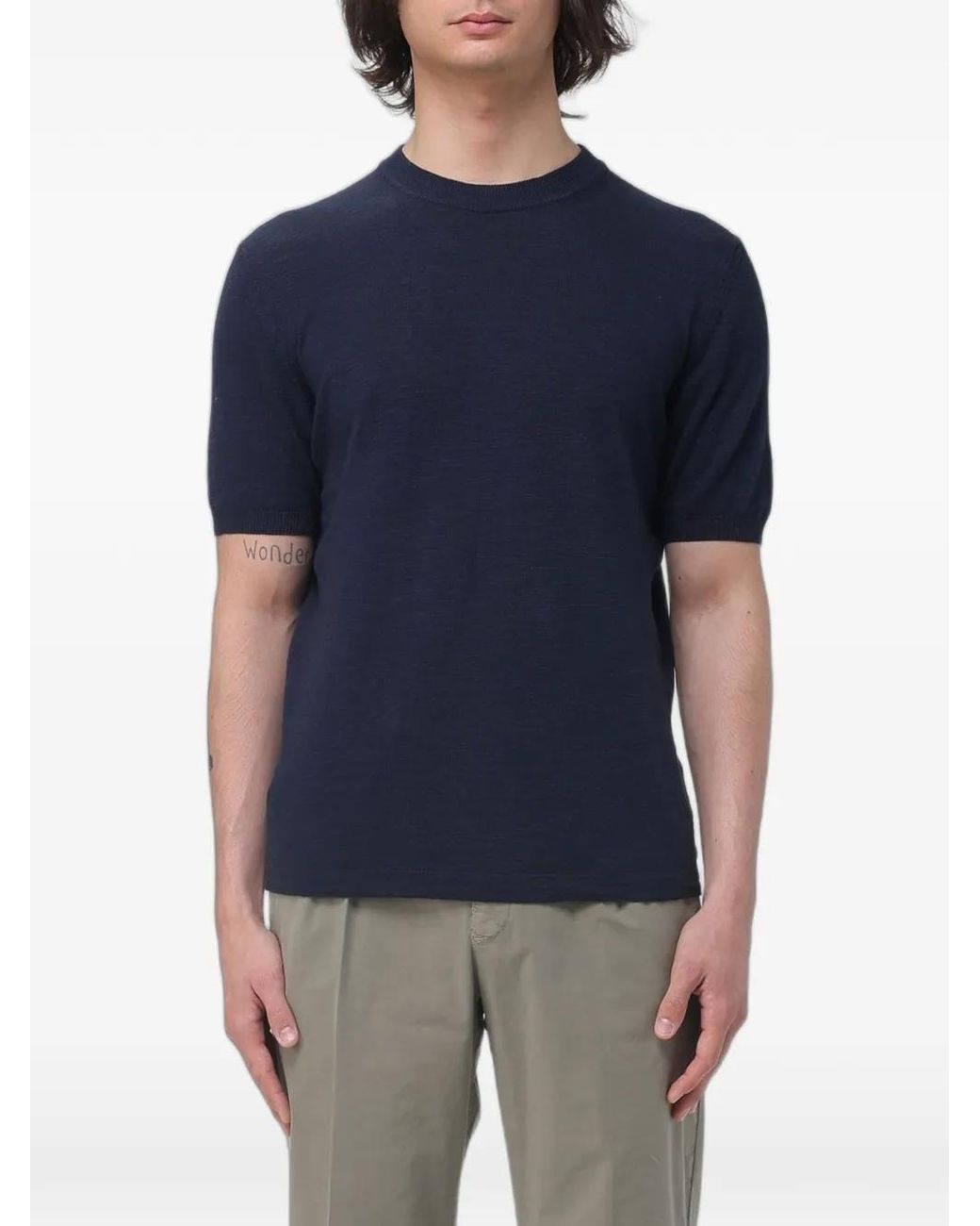 Brooksfield Blue Short-Sleeve Linen Sweater for men