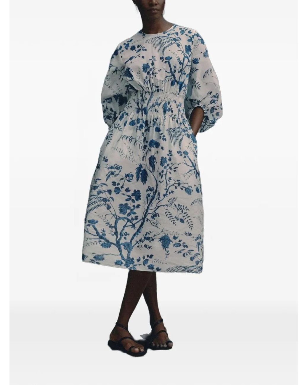 Erdem Blue Botanical-Print Shirred-Waist Midi Dress