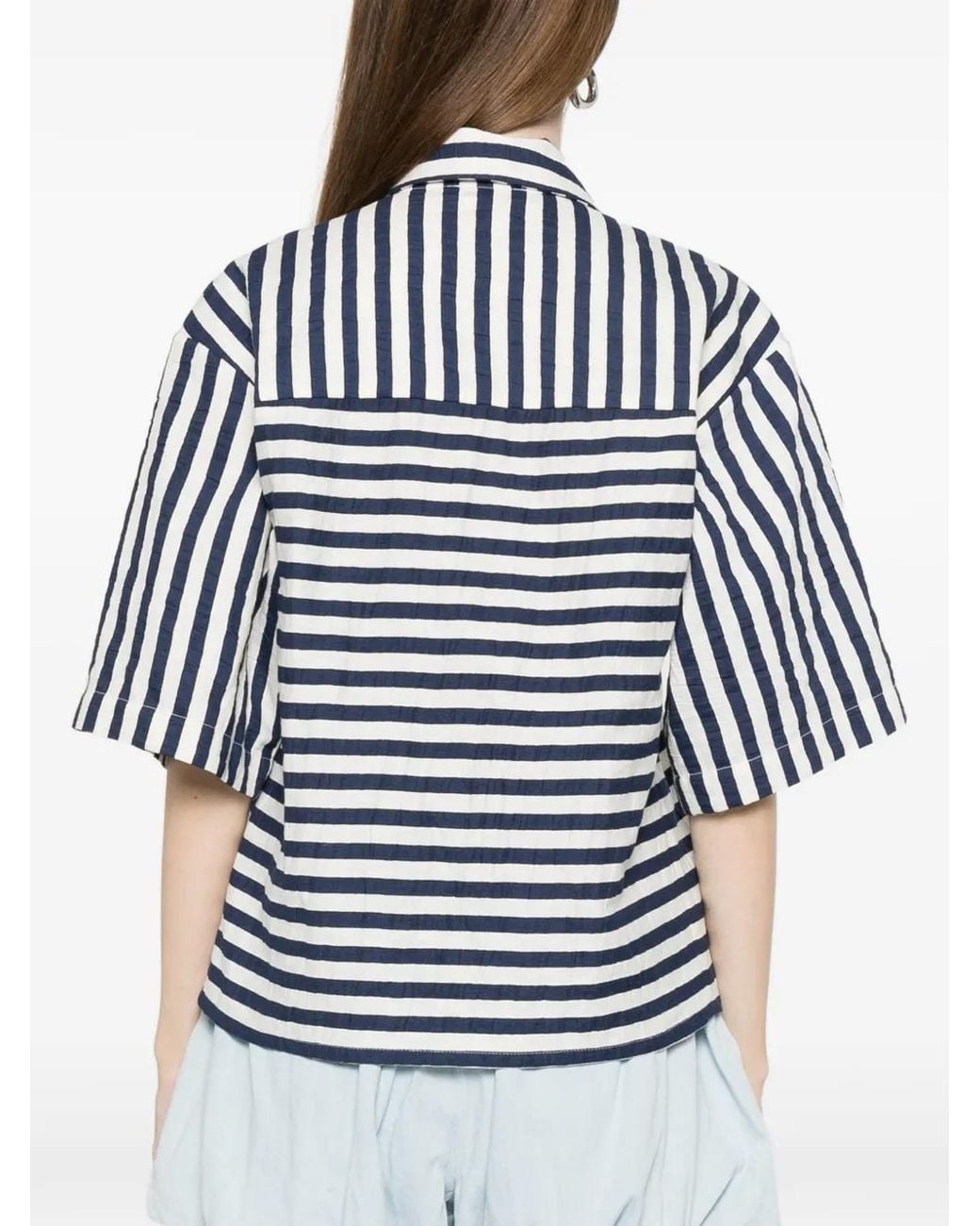 Maje Blue Cropped Linen-Blend Shirt