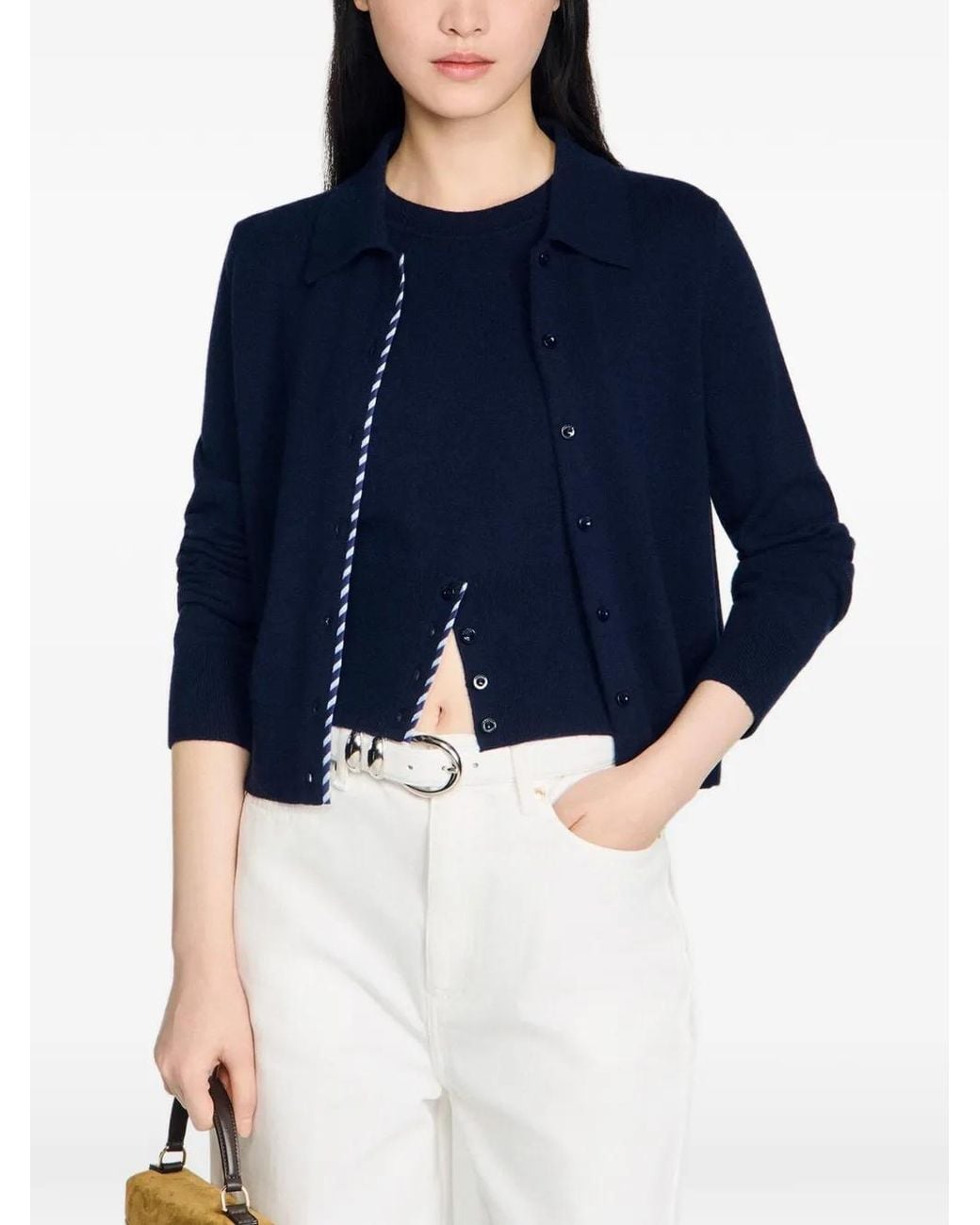 Sandro Blue Striped Wool And Cashmere Cardigan