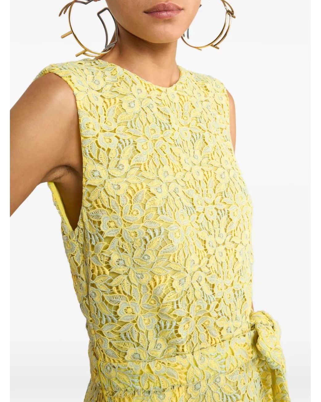 Etro Yellow Floral Macramé Lace Long Sleeveless Dress With Belt