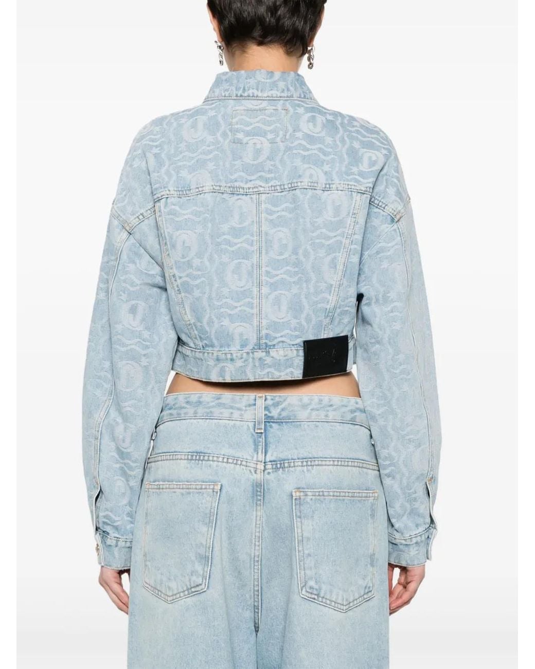Just Cavalli Blue Logo-Jacquard Cropped Denim Jacket