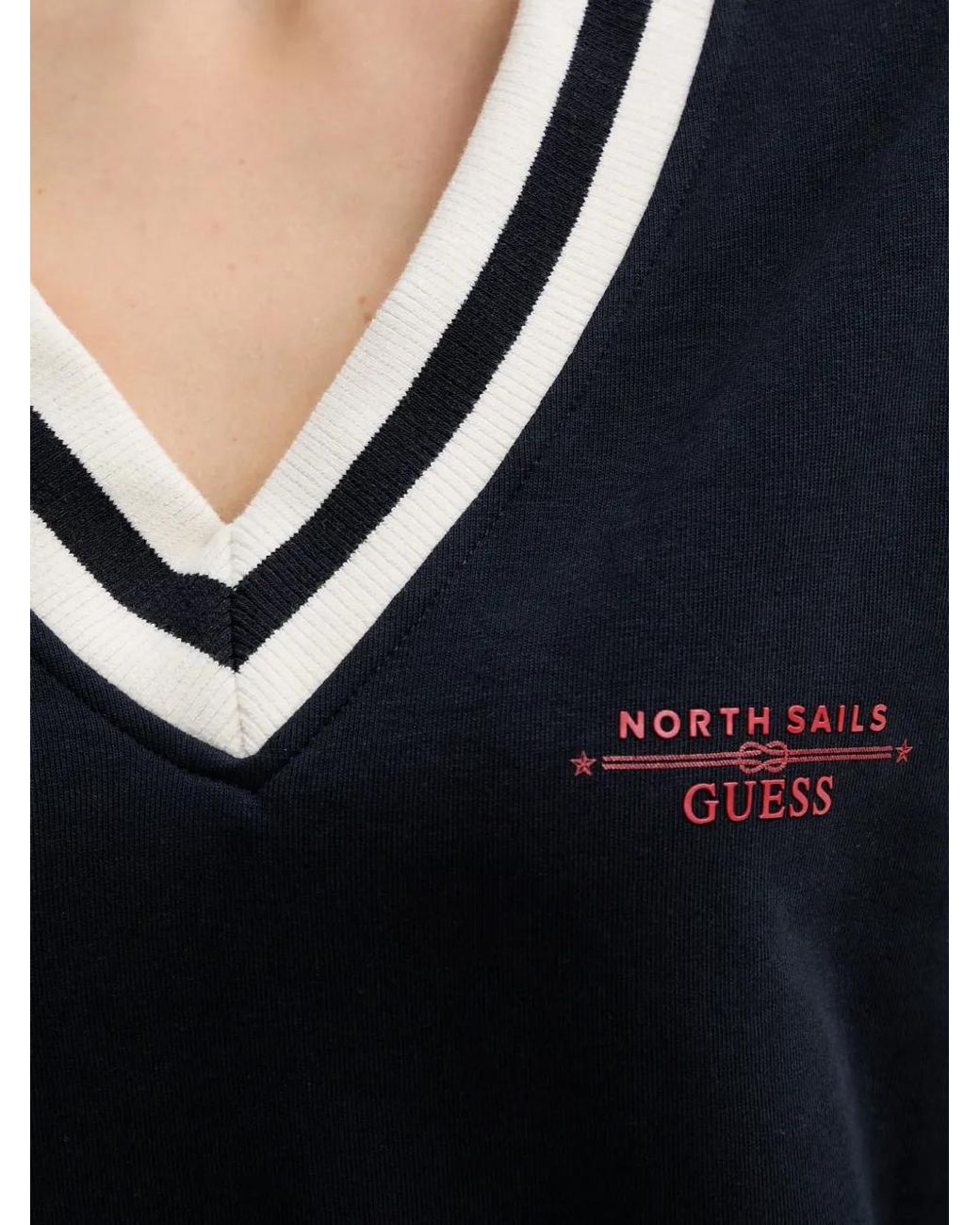 Guess Blue X North Sails Striped-Trim V-Neck Sweatshirt
