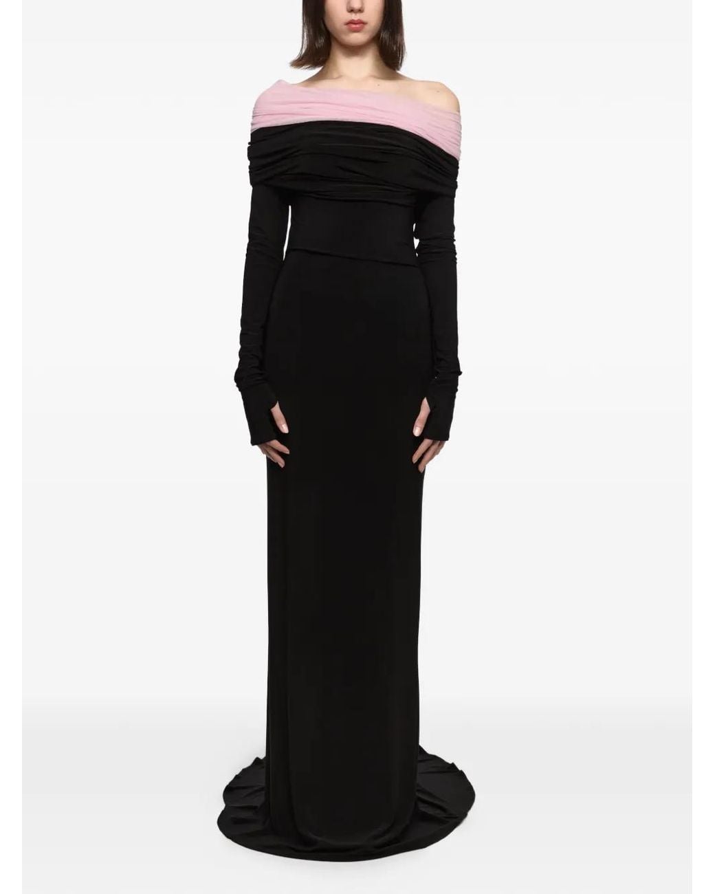 Atu Body Couture Black Robe Longue Crown À Épaules Dénudées Et Manches Longues