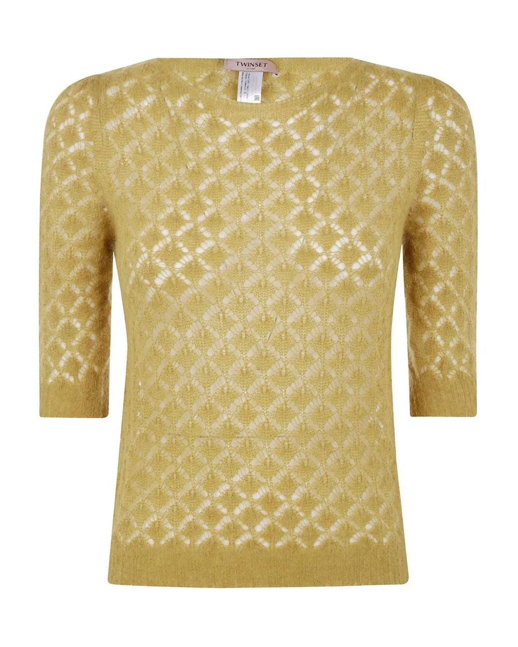 Twinset Yellow Open-Knit Short-Sleeve Sweater