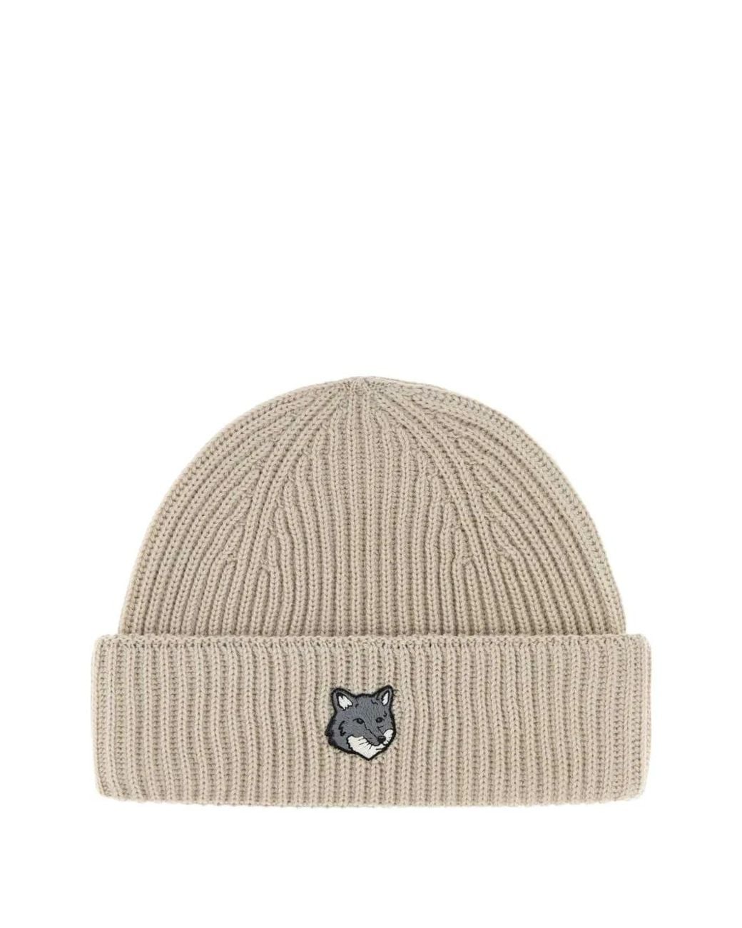 Maison Kitsuné Natural Maison KitsunÉ Ribbed Wool Beanie With A Cuff And Contrast Logo for men