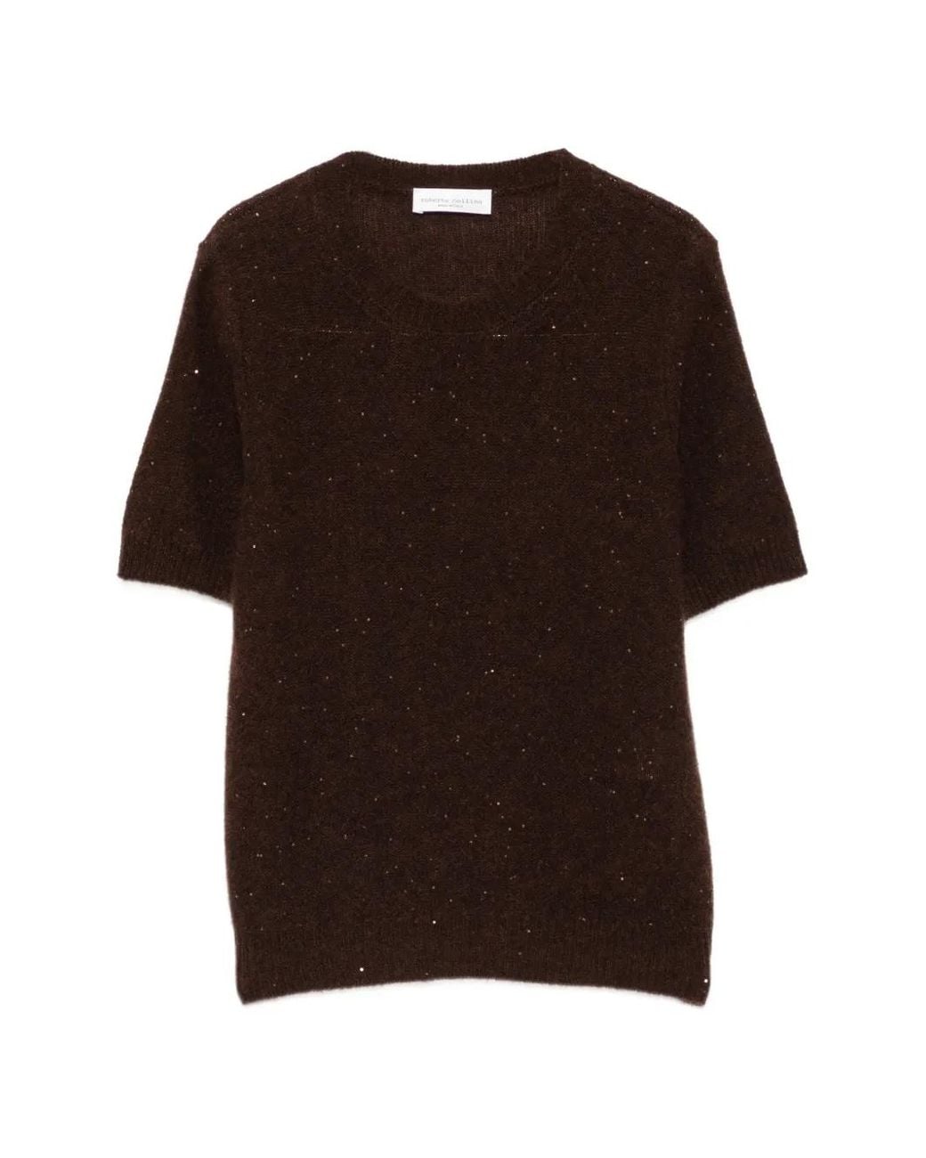 Roberto Collina Brown Sequin-Embellished Short-Sleeve Top