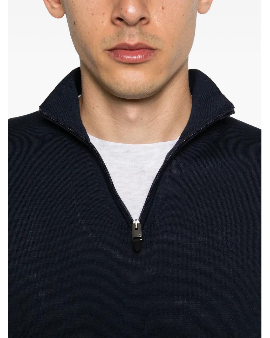 Canali Blue Zip Mock-Neck Sweater for men