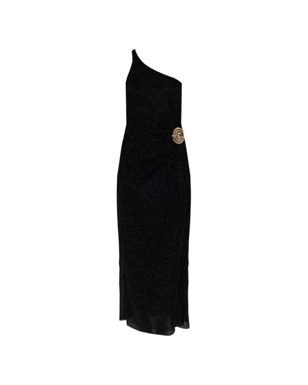 Oseree Black One-Shoulder Metallic-Effect Midi Dress