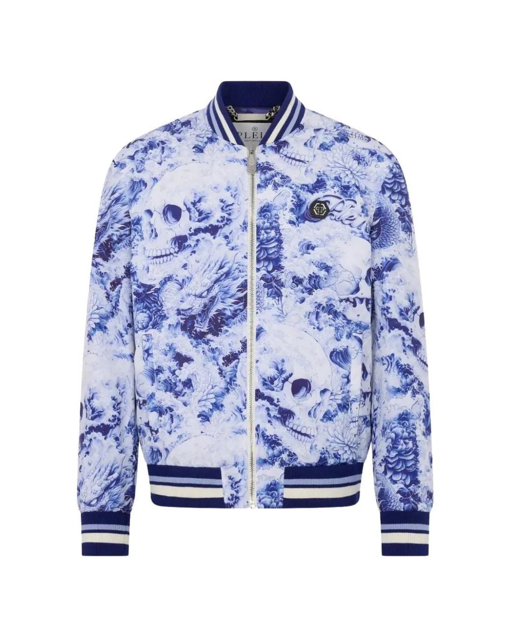 Philipp Plein Blue Floral Skull Bomber Jacket for men