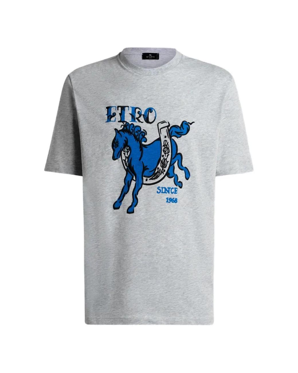 Etro Gray Cotton Jersey T-Shirt With Pegaso-Print And Logo