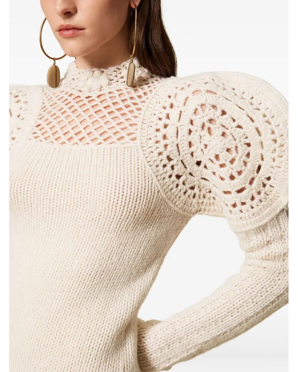 Twinset Natural Crochet-Detailed Puff-Sleeve Dress