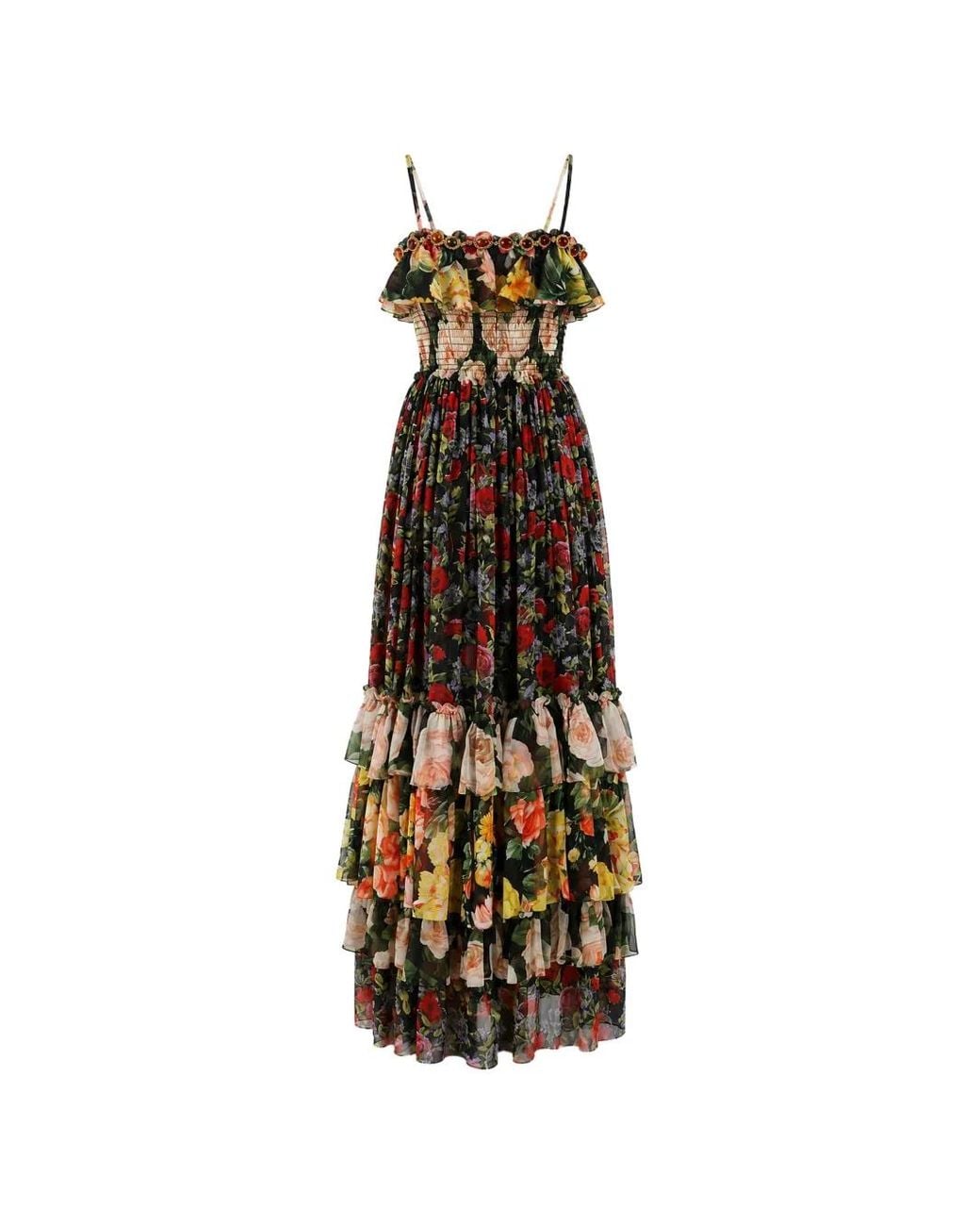 Dolce & Gabbana White Floral-Print Tiered Maxi Dress