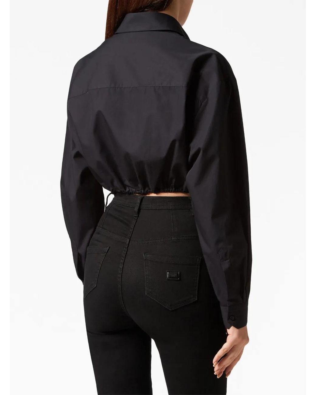 Philipp Plein Black Ruffled Cotton Cropped Shirt
