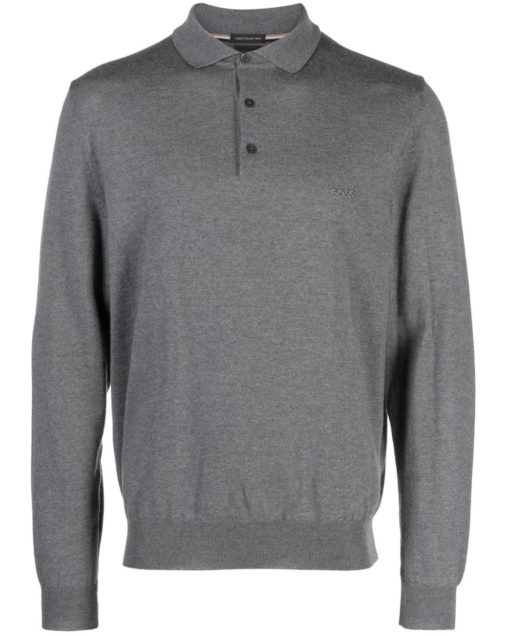 Boss Gray Logo-Embroidered Fine-Ribbed Polo Shirt for men